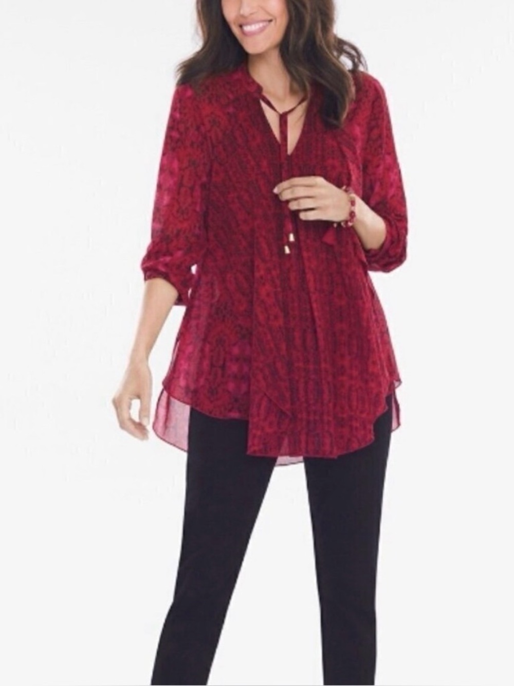 Chico's Feminine Damask Ruffle
Front Long Sleeves Top Size 4